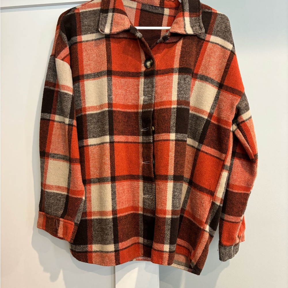 Red and Brown Plaid Button-Up Jacket